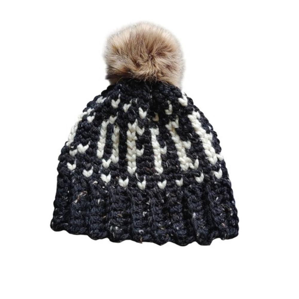 Hand Crochet Coffee Knit Beanie Black Cream Chunky Faux Fur Pom Pom Winter